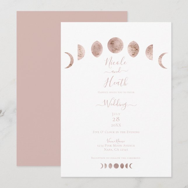Boho Pink Moon Phases Modern Minimal Wedding Invitation (Front/Back)
