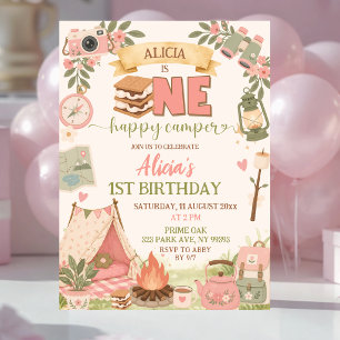 Boho Pink One Happy Camper First Birthday Invitation