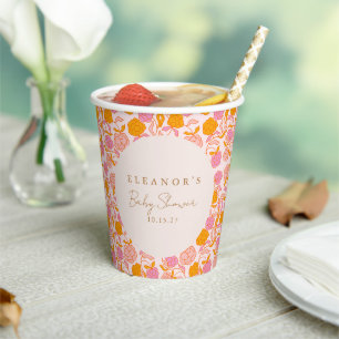 Boho Pink Orange Floral Cute Baby Shower Custom Paper Cups