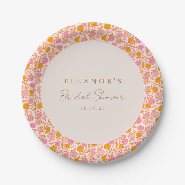 Boho Pink Orange Floral Cute Bridal Shower Custom Paper Plate (Front)