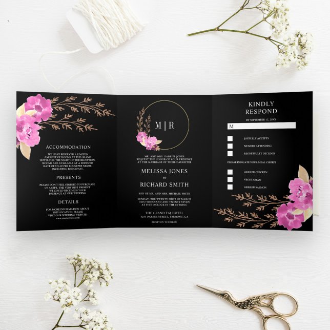 Boho Pink Orchid Floral All In One Black Wedding Tri-Fold Invitation (Creator Uploaded)
