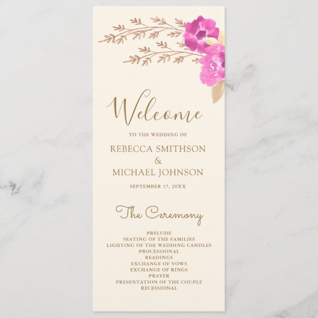 Boho Pink Orchid Floral Ivory Wedding Program (Front)
