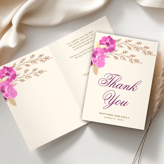Boho Pink Orchid Floral Ivory Wedding Thank You Card (Creator Uploaded)