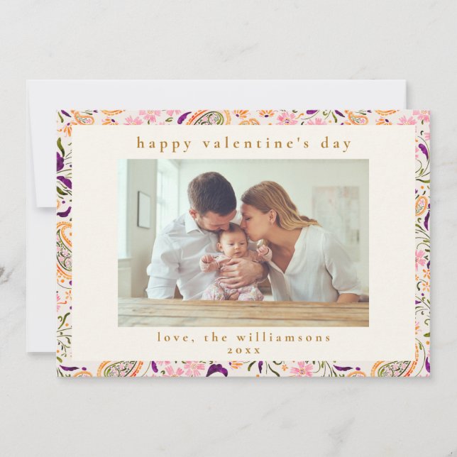 Boho Pink Paisley Floral Photo Valentine's Day Holiday Card (Front)