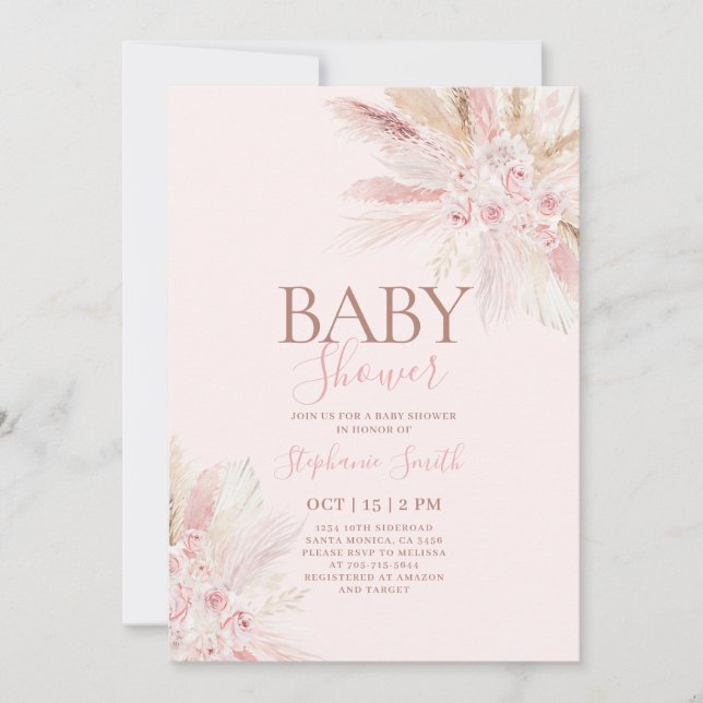 Boho Pink Pampas Baby Shower Girl Invitation (Front)