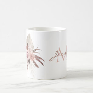 Boho Pink Pampas Grass Dried Flowers Monogram Coffee Mug