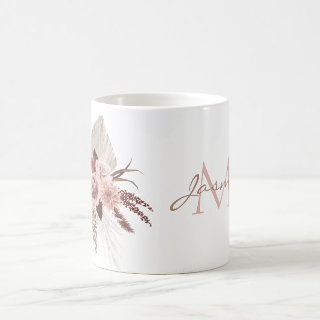 Boho Pink Pampas Grass Dried Flowers Monogram Coffee Mug (Center)