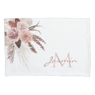 Boho Pink Pampas Grass Dried Flowers Monogram Pillowcase