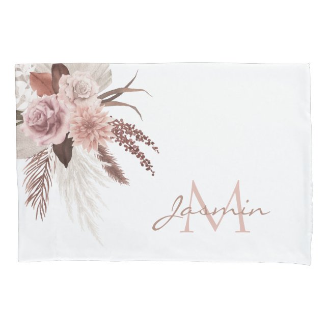 Boho Pink Pampas Grass Dried Flowers Monogram Pillowcase (Front)