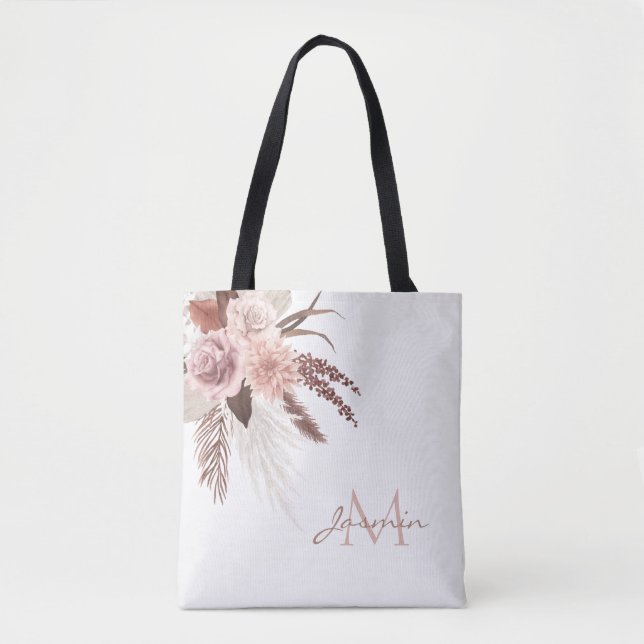 Boho Pink Pampas Grass Dried Flowers Monogram Tote Bag (Front)