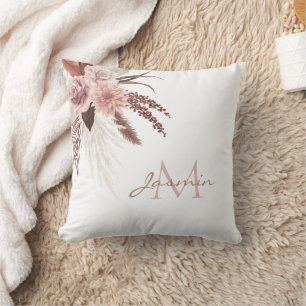 Boho Pink Pampas Grass Floral Monogram Throw Pillow