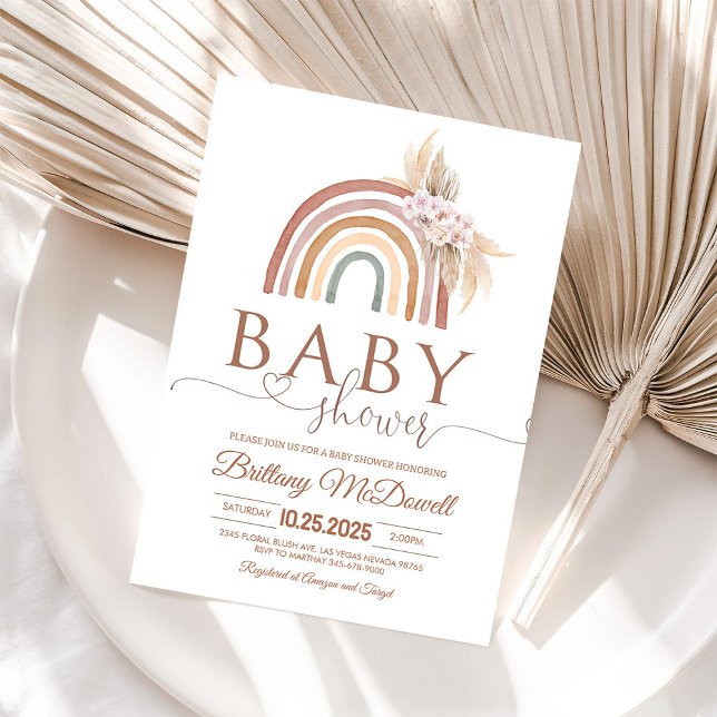 Boho Pink Pampas Grass Rainbow Baby Shower Invite (Creator Uploaded)