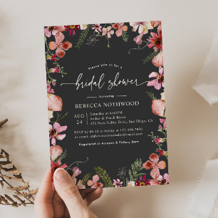 Boho Pink Peach Florals Charcoal Bridal Shower Invitation