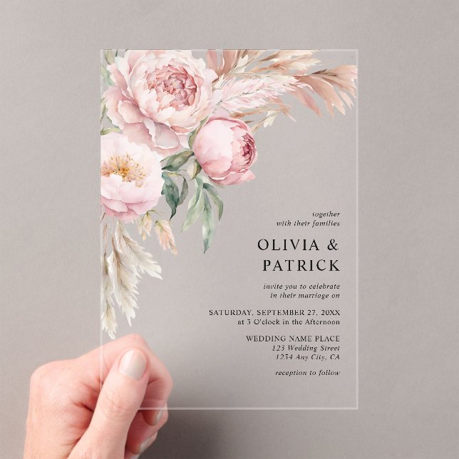 Boho Pink Peonies & Pampas Grass Floral Wedding Acrylic Invitations (Insitu (Handheld))