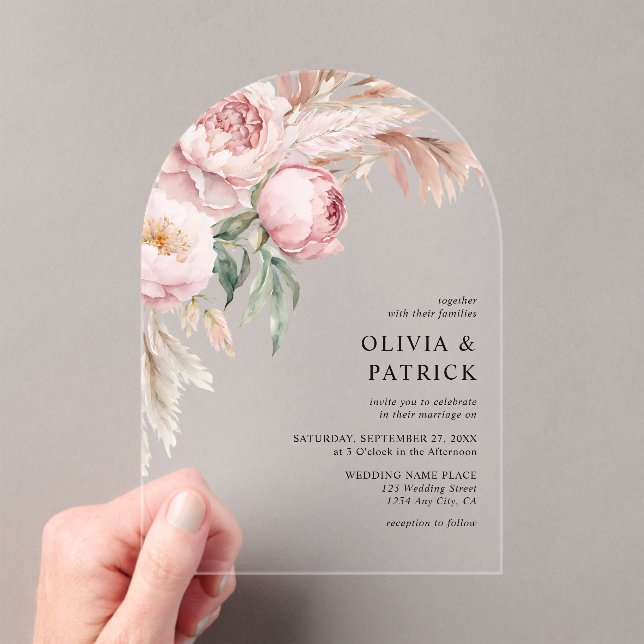 Boho Pink Peonies & Pampas Grass Floral Wedding Acrylic Invitations (Insitu (Handheld))