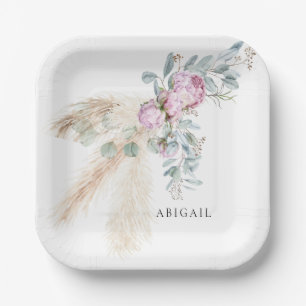 Boho Pink Peonies Personalized Bridal Shower Paper Plate