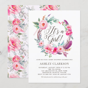 Boho Pink Peonies Wreath It's a Girl Baby Showers Invitation