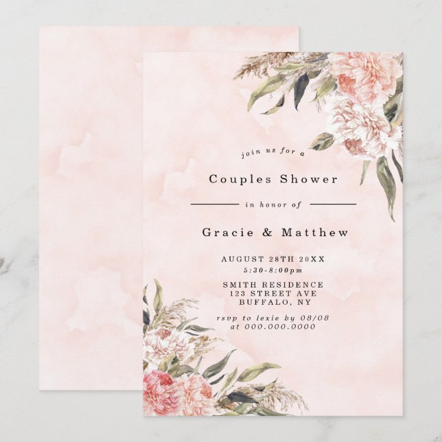Boho Pink Peony Couples Invitations De Douche (Devant / Derrière)