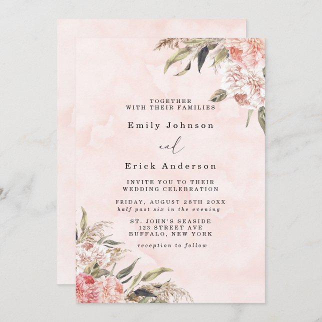 Boho Pink Peony Pampas Grass Wedding Invitation (Front/Back)