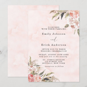 Boho Pink Peony Pampas Grass Wedding Invitation