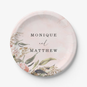 Boho Pink Peony Pampas Grass Wedding Paper Plate