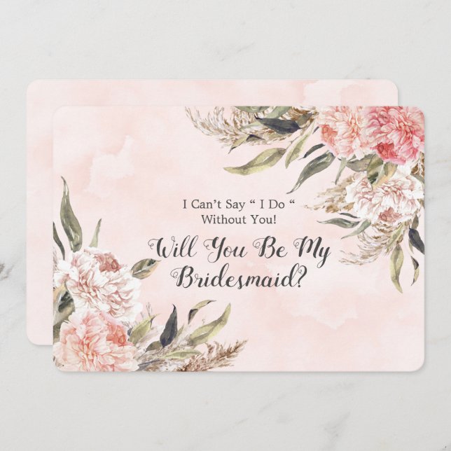 Boho Pink Peony Pampas Will You Be My Bridesmaid I Invitation (Front/Back)