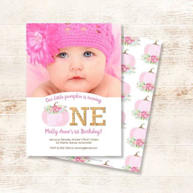 Boho Pink Pumpkin Fall 1st Birthday Girl Photo Invitation (Creator Uploaded)