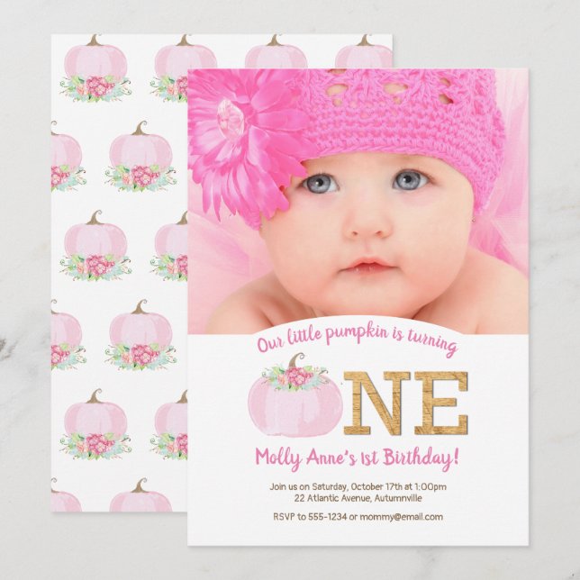 Boho Pink Pumpkin Fall 1st Birthday Girl Photo Invitation (Front/Back)