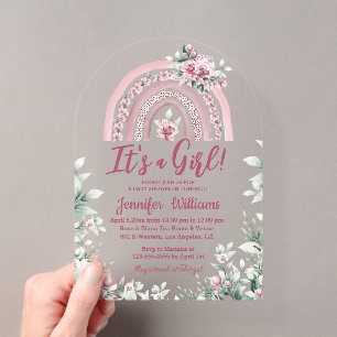 boho pink rainbow floral girl baby shower acrylic invitations