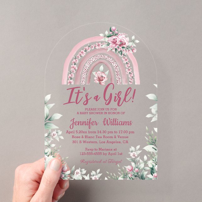 boho pink rainbow floral girl baby shower acrylic invitations (Insitu (Handheld))