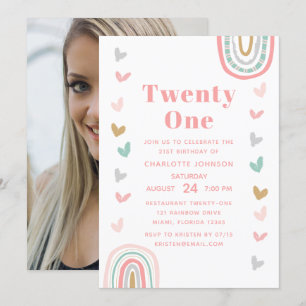 Boho Pink Rainbow Modern 21st Birthday Party Invitation