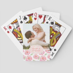 Boho Pink Rose Floral Watercolor - Wedding Photo Playing Cards