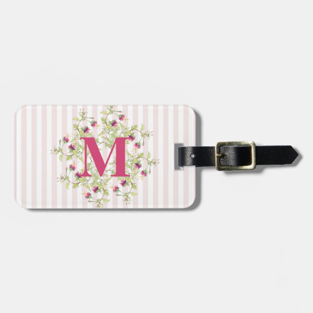 Boho Pink Rose Flowers Monogram Luggage Tag (Front Horizontal)