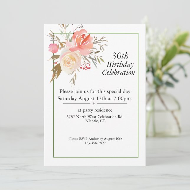 Boho Pink Roses, Customizable 30th Birthday Invitation (Standing Front)