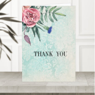 Boho Pink Roses Green Vintage Damask Wedding Thank You Card