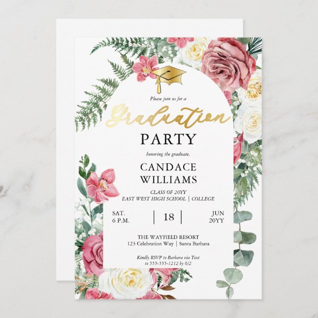Boho Pink Roses | Orchids Floral Graduation Party Invitation (Front/Back)