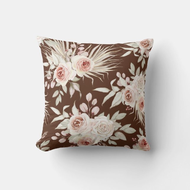 Boho Pink Roses Pattern on Rich Brown Throw Pillow (Front)