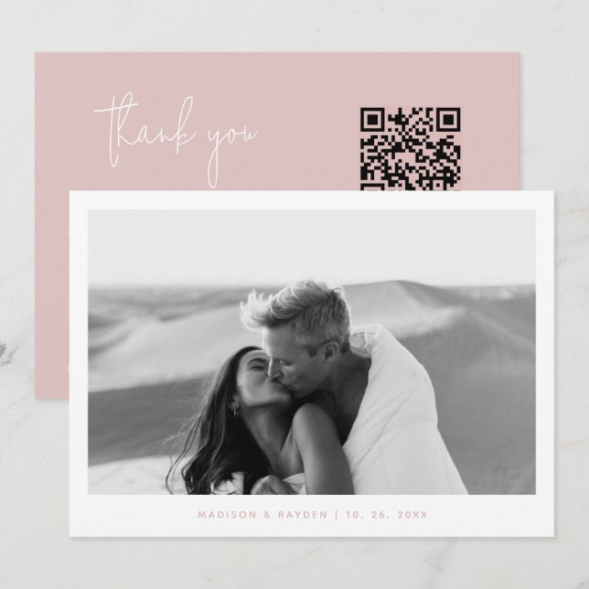 Boho Pink Simple Photo QR Code Wedding Thank You Card (Front/Back)
