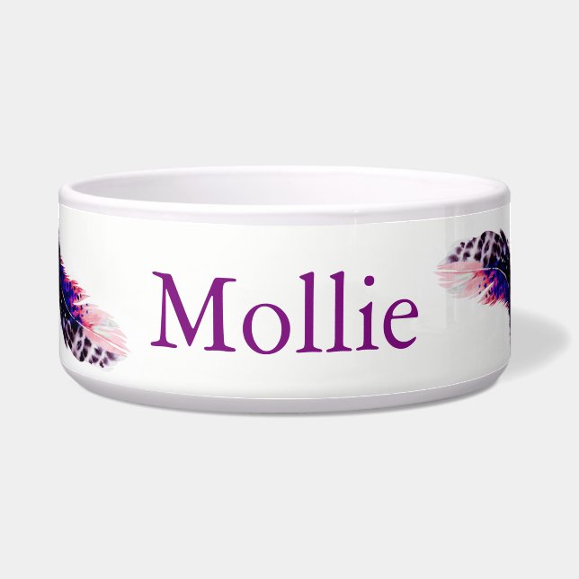 Boho Pink Spotted Watercolor Feathers Pet's Name (Front)