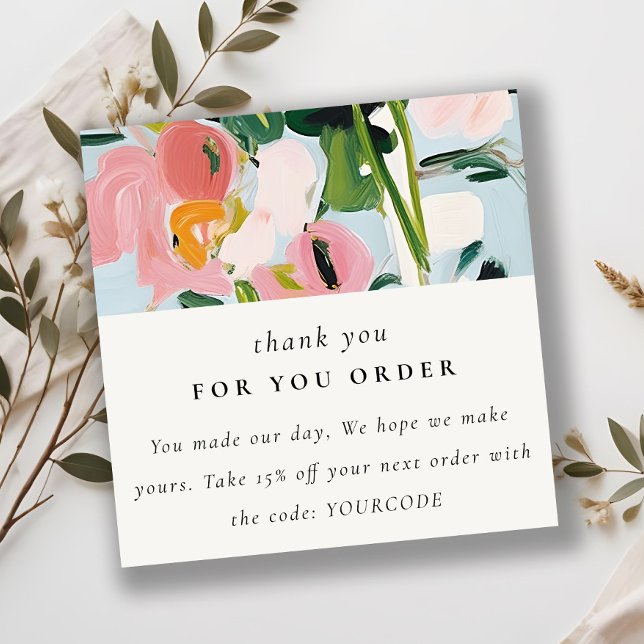Boho Pink Teal Painted Floral Thank You For Order Square Business Card (Creator Uploaded)