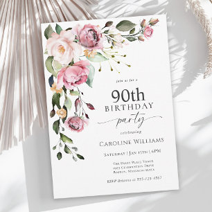 Boho Pink Watercolor Floral 90th Birthday Party Invitation