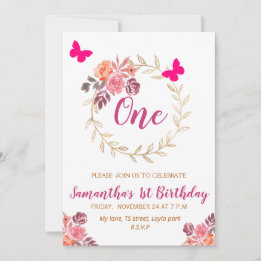 Boho Pink Watercolor Floral First Birthday Invitation