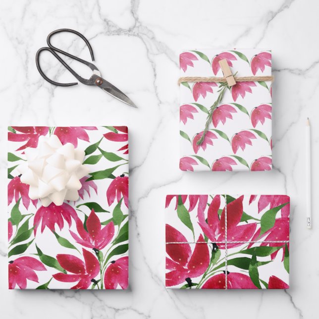 Boho Pink Watercolor Flowers Burgundy White Wrapping Paper Sheet (Front)