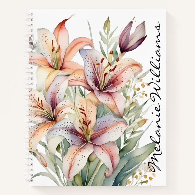 Boho Pink Watercolor Lilies | Personalized Name Notebook (Front)