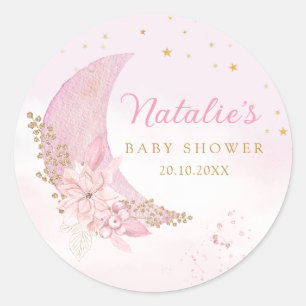 Boho Pink Watercolor Over The Moon Baby Shower Classic Round Sticker