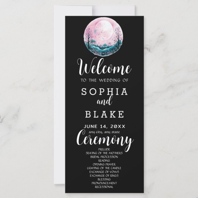 Boho Pink & White Full Moon Black Wedding Program (Front)