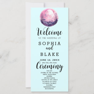 Boho Pink & White Full Moon Blue Wedding Program