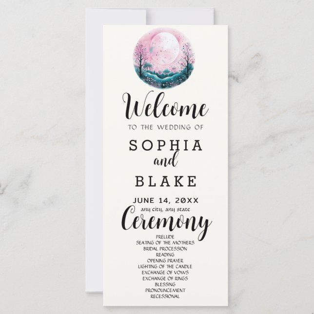 Boho Pink & White Full Moon White Wedding Program (Front)