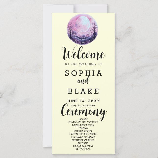 Boho Pink & White Full Moon Yellow Wedding Program (Front)