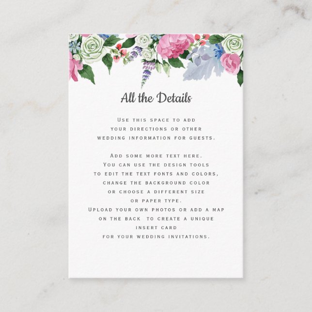 Boho Pink White Lavender Flowers Wedding Details Enclosure Card (Front)